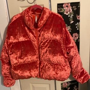 NWOT Fabletics puffer coat. Hot pink/ red velvety. So cozy and cute .